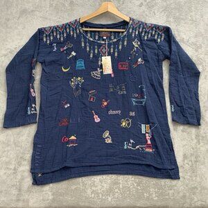 Johnny Was Biya Tunic Women S Blue Rondo Crew Neck Long Sleeve Blouse Boho Chic